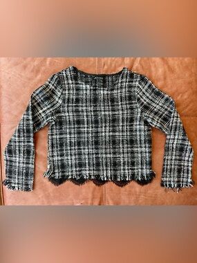 Oeuvre Black & White Plaid Tweed Fringe Lace Details 3/4 Sleeve Top S US 36 EU